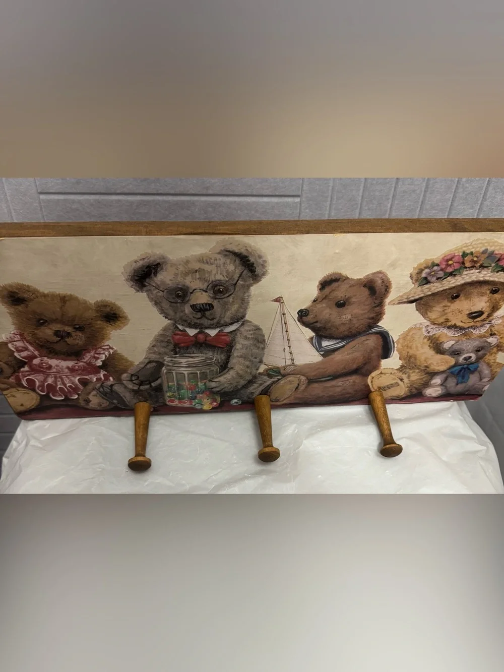 Vintage wooden country cottage nursery teddy bear coat hat peg rack